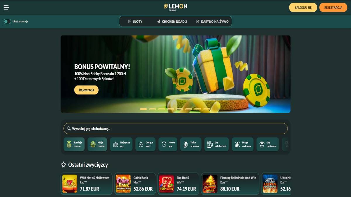 Strona główna kasyna Lemon Casino w polskiej wersji językowej