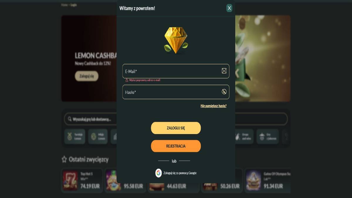 Ekran logowania do Lemon Casino: pole na adres e-mail i hasło